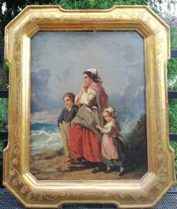 Pittore olandese del XIX° sec. Donna che aspetta con la figlia il ritorno del  marito pescatore..bella cornice Olio su tela cm.38x48